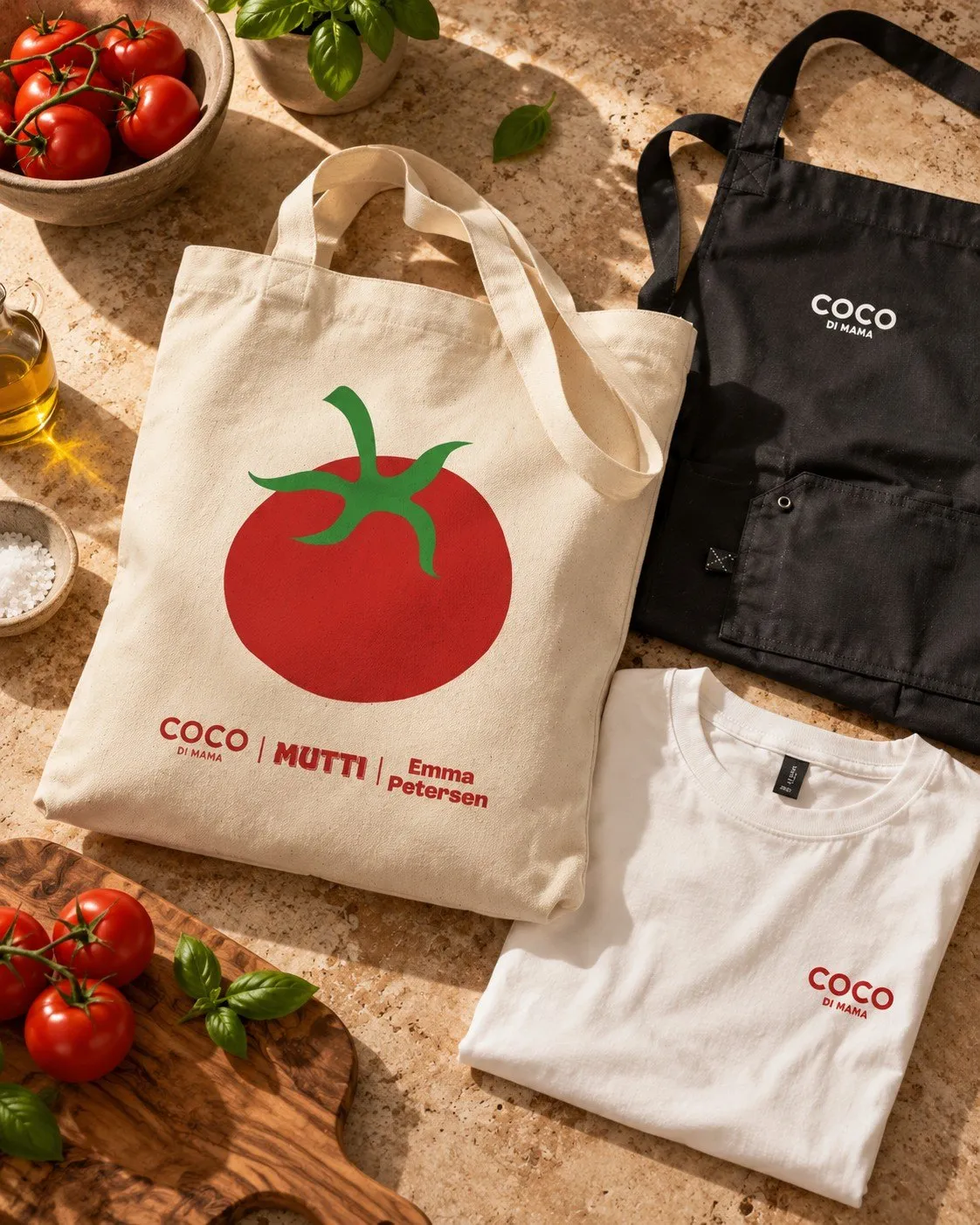 Coco di Mama branded tote bag, apron and t-shirt