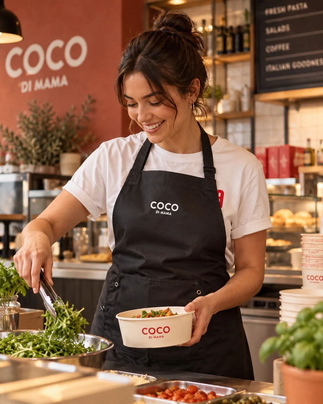 Coco di Mama team member in a branded apron preparing a salad