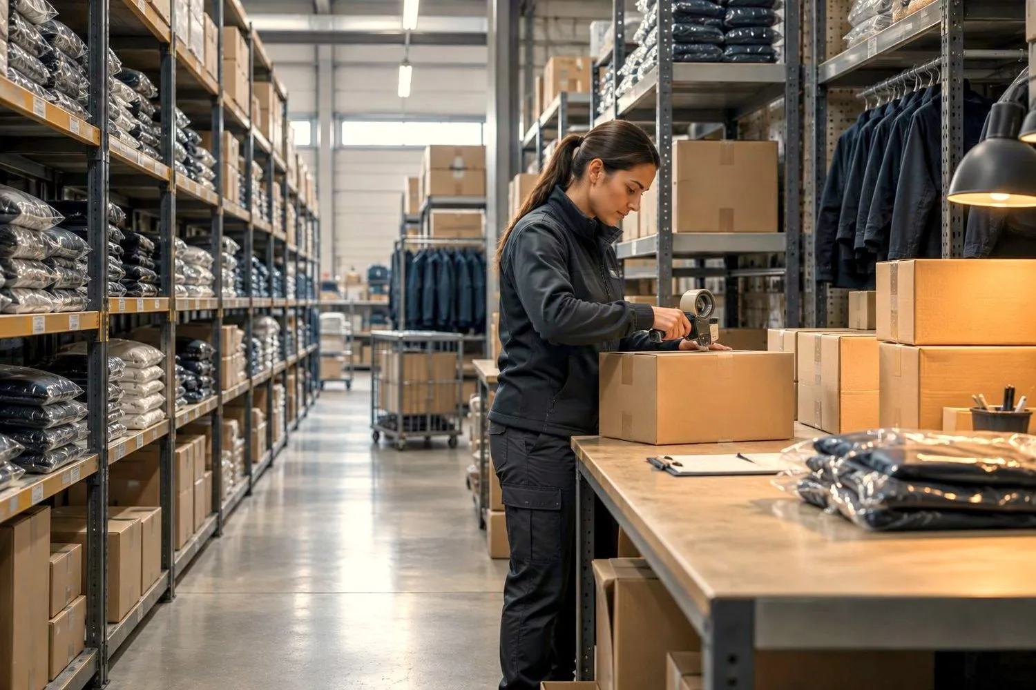 Fulfilment centre team member packing uniform orders