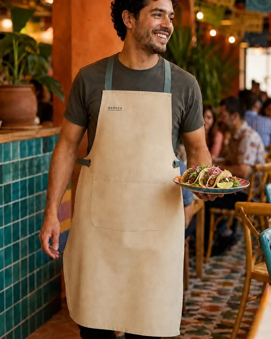 Server in a canvas apron carrying a plate through a restaurant