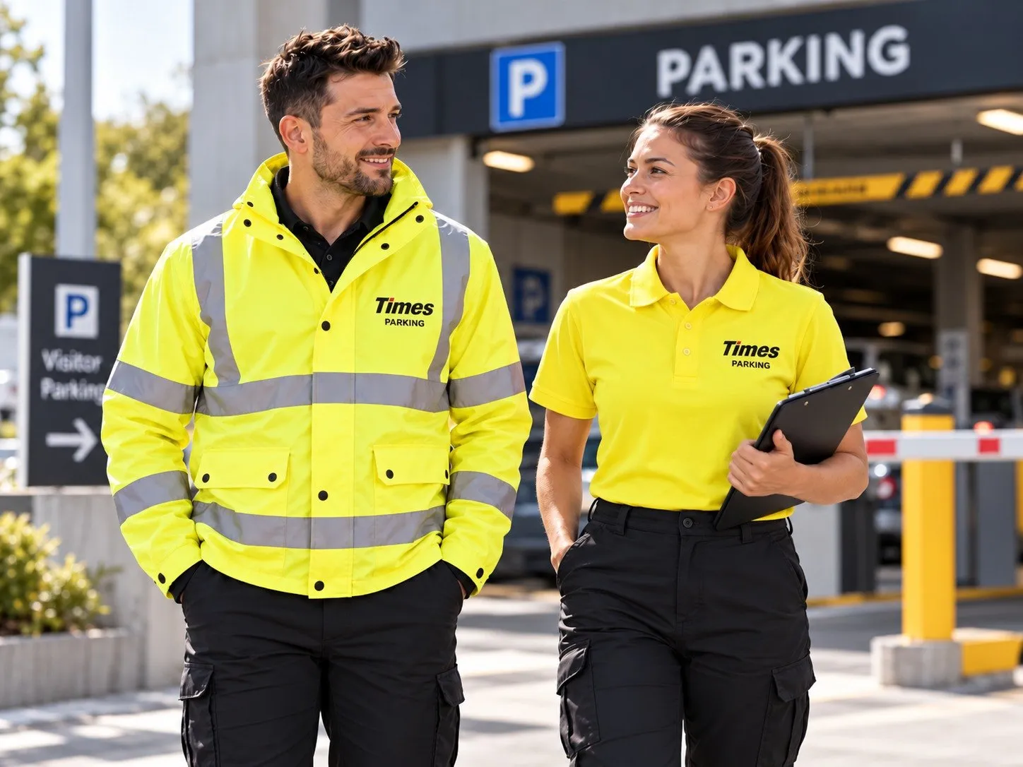 Times Parking team in branded hi-vis jacket and polo outside a car park