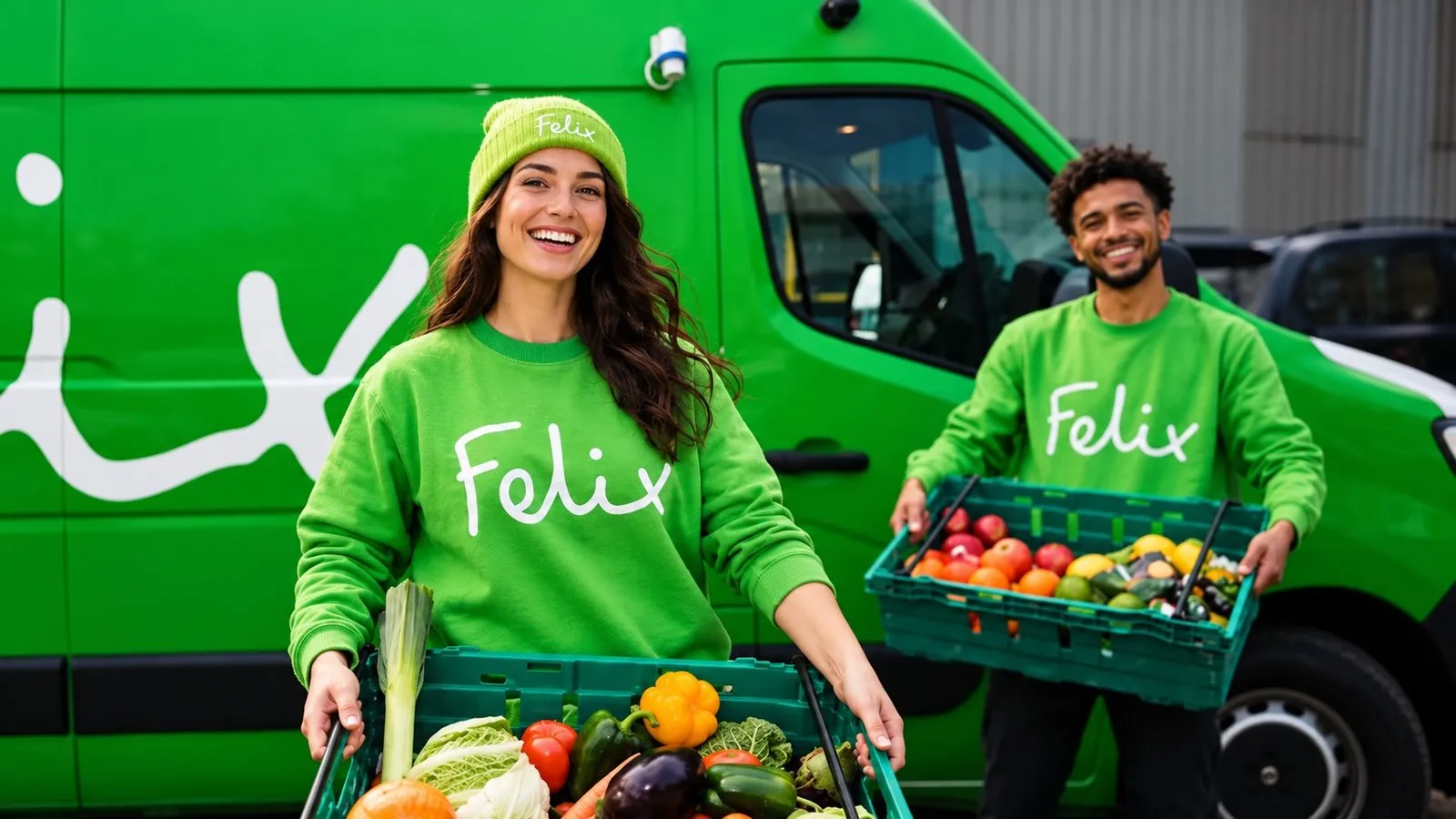 Two Felix Project volunteers in branded green sweatshirts with crates of fresh produce