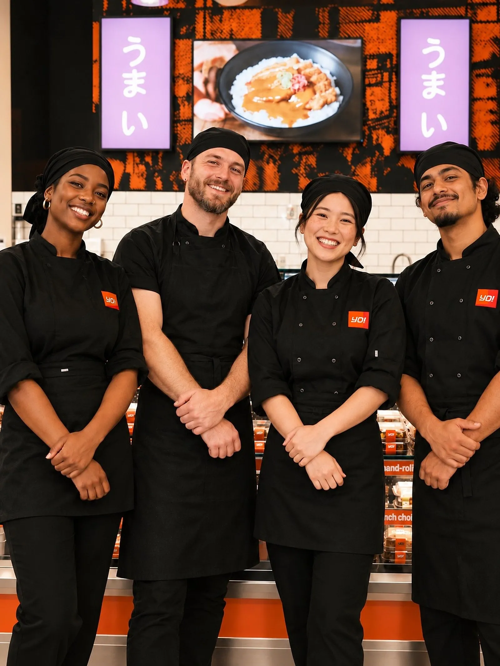 YO! team in black chef jackets and aprons in front of a sushi counter